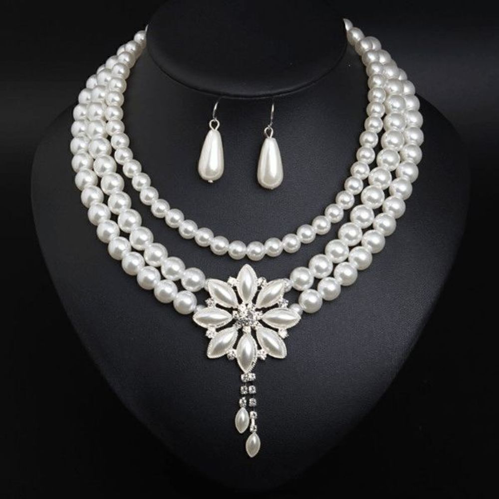 Multi-Layer Pearl Diamond Flower Necklace and Earring Set